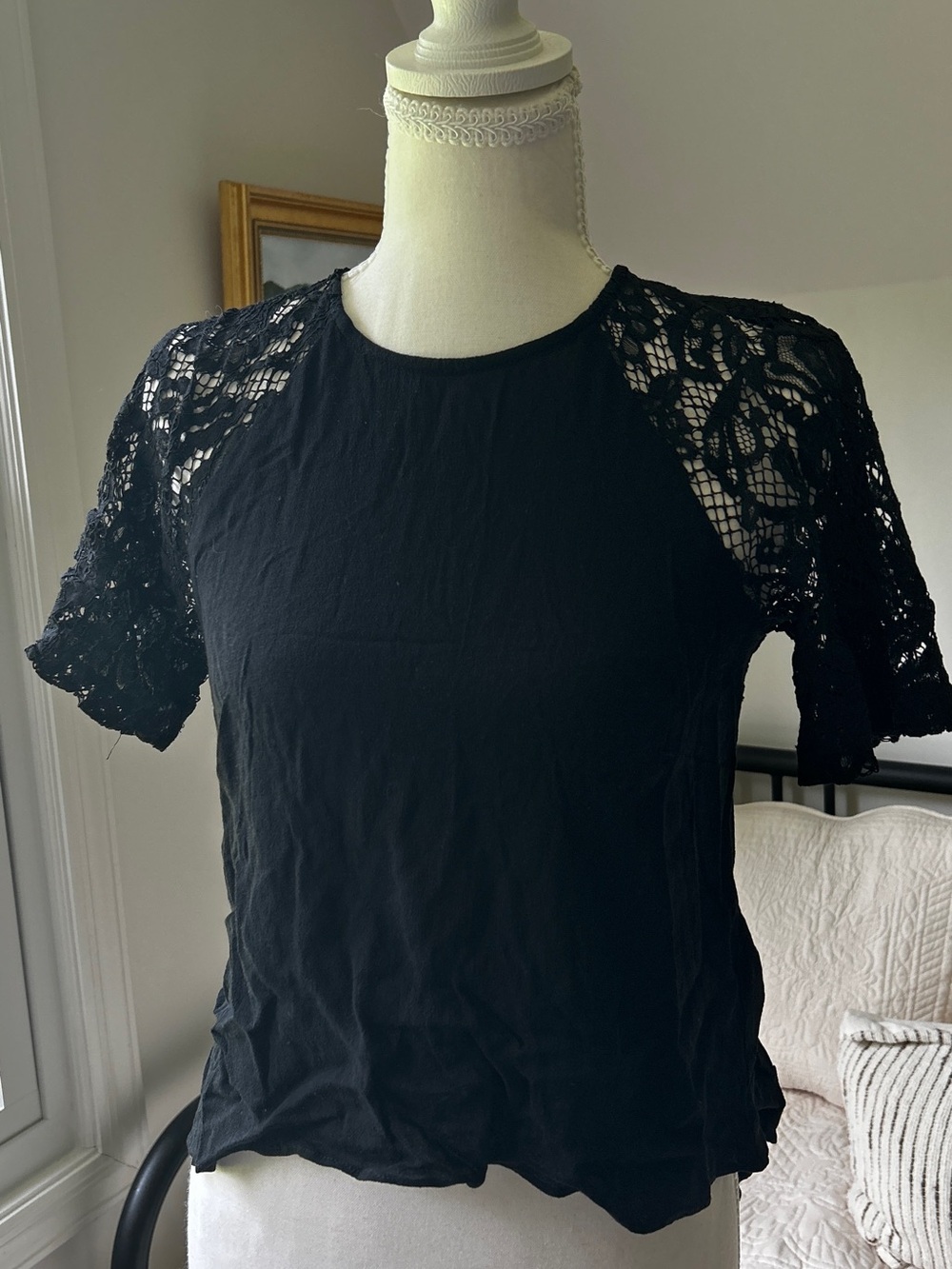 French Connection Black Lace-Trim Short Sleeve Tee